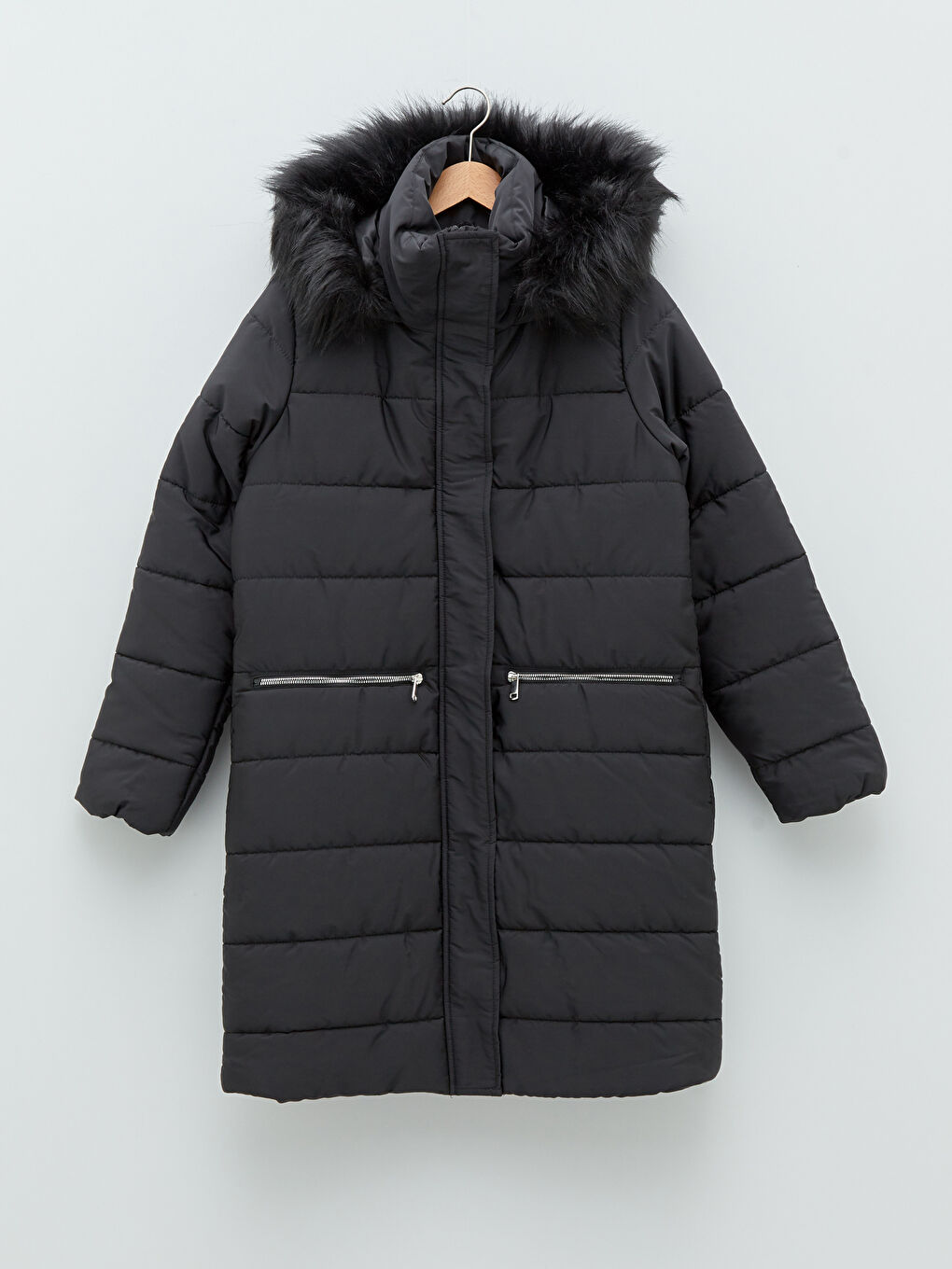 Doudoune Pour Femmes Avec Détail De Fourrure À Capuche Uni Épais À Manches Longues-7