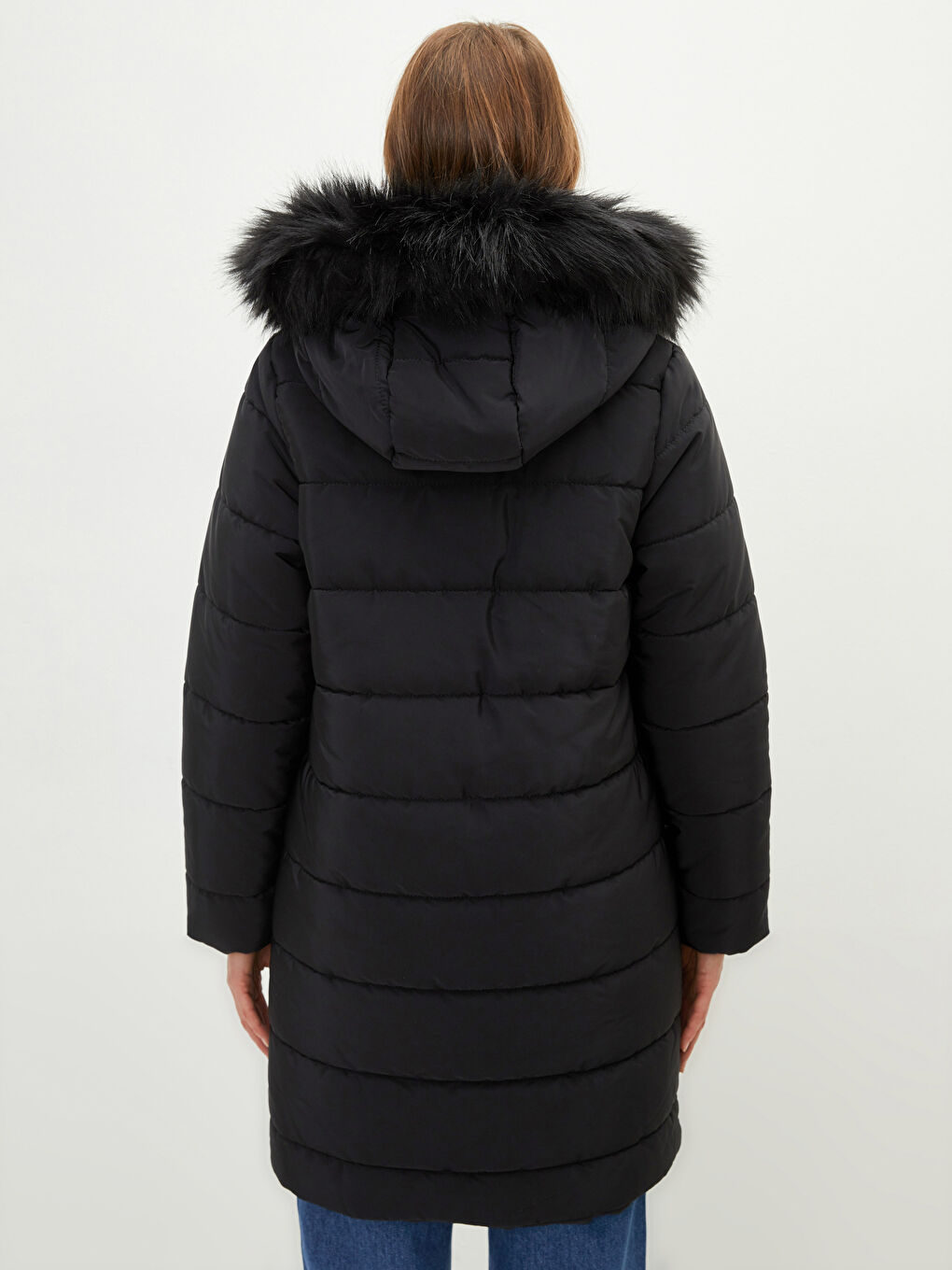 Doudoune Pour Femmes Avec Détail De Fourrure À Capuche Uni Épais À Manches Longues-6