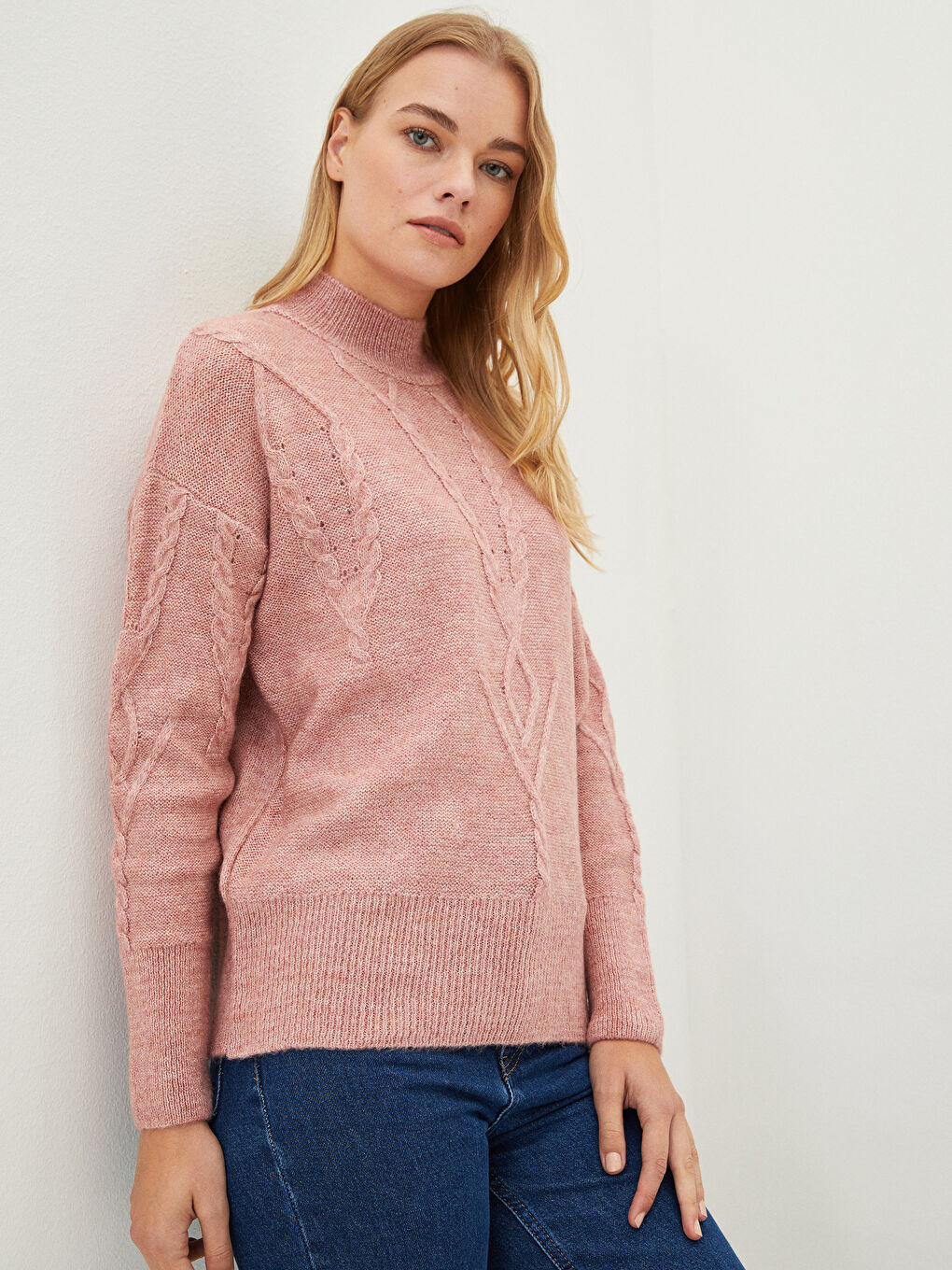 әйелдерге арналған биік жағалы өрнекті ұзын жең трикотаж жемпір