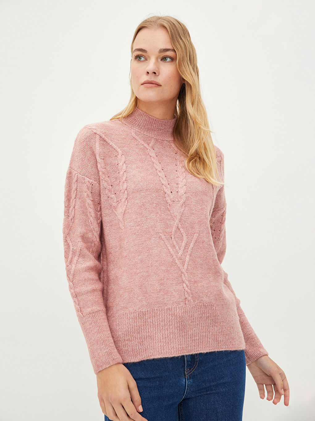 әйелдерге арналған биік жағалы өрнекті ұзын жең трикотаж жемпір-1