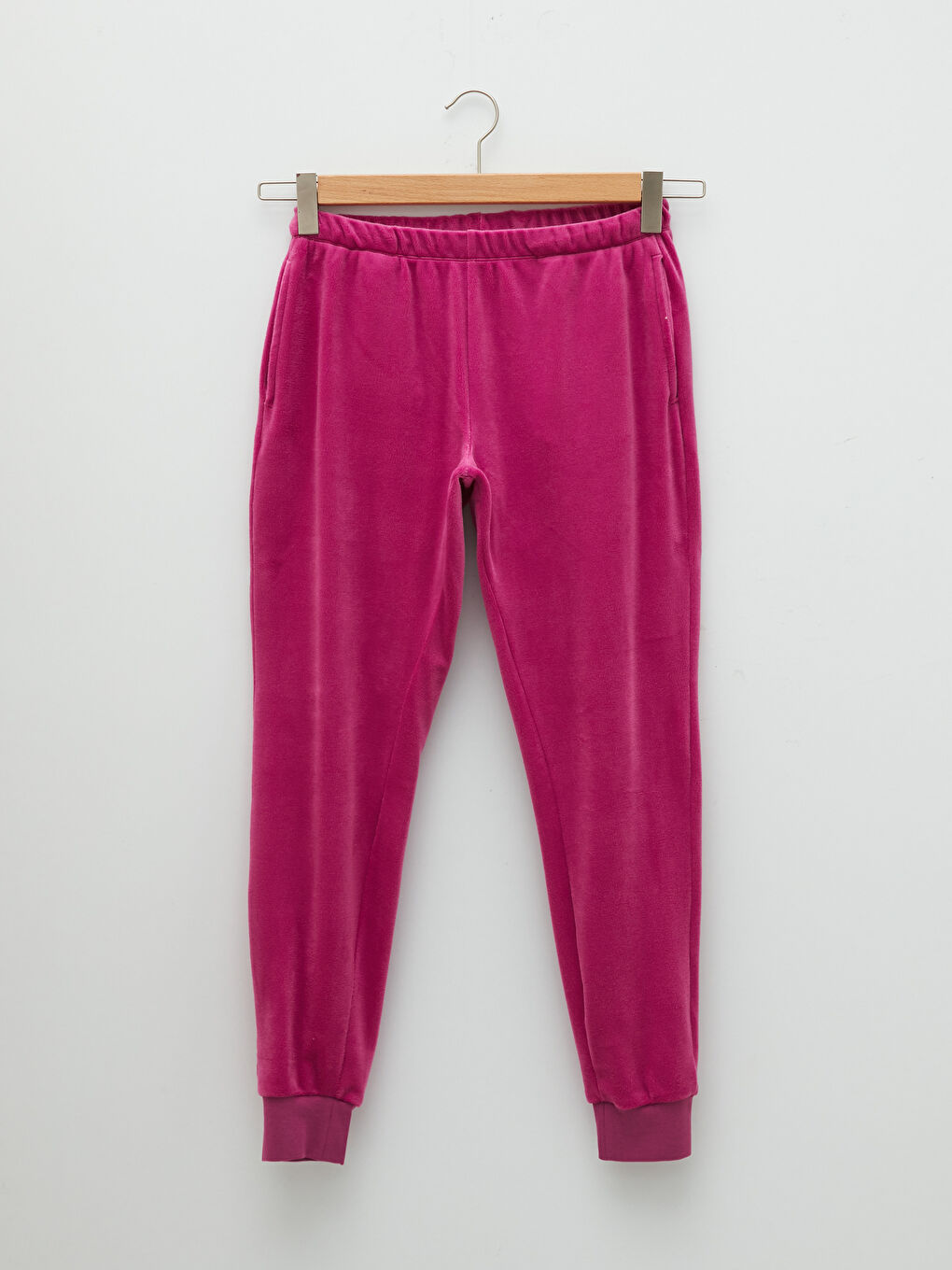 Mor Bisiklet Yaka Düz Uzun Kollu Kadife Kadın Pijama Takımı-7