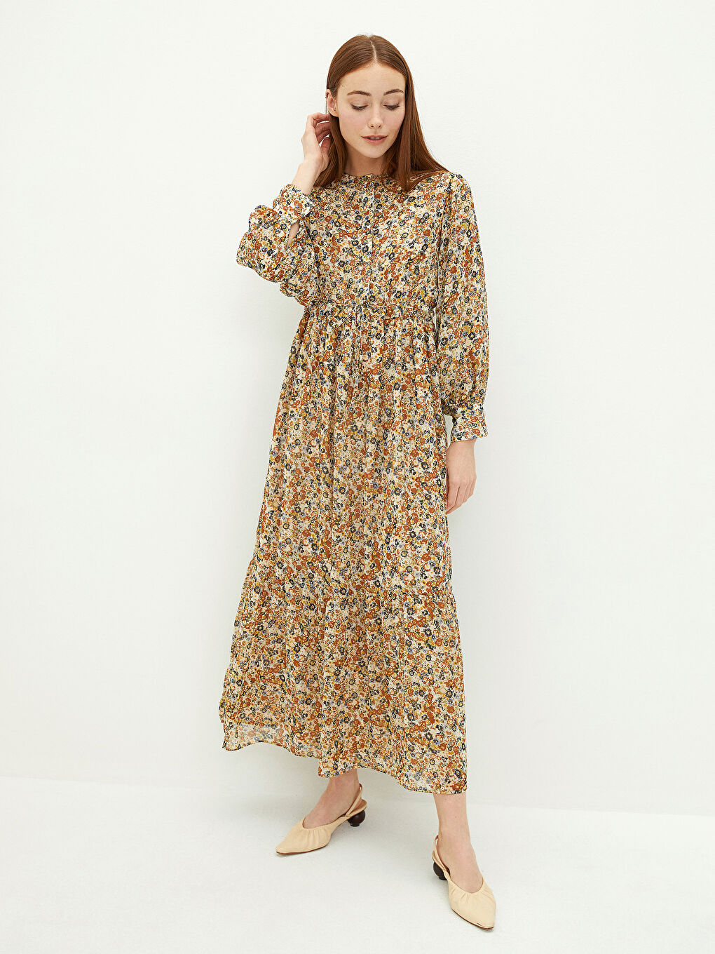 Kahverengi Bisiklet Yaka Çiçekli Uzun Kollu Kadın Elbise