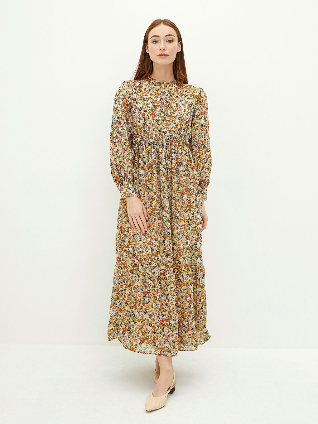 Kahverengi Bisiklet Yaka Çiçekli Uzun Kollu Kadın Elbise-1