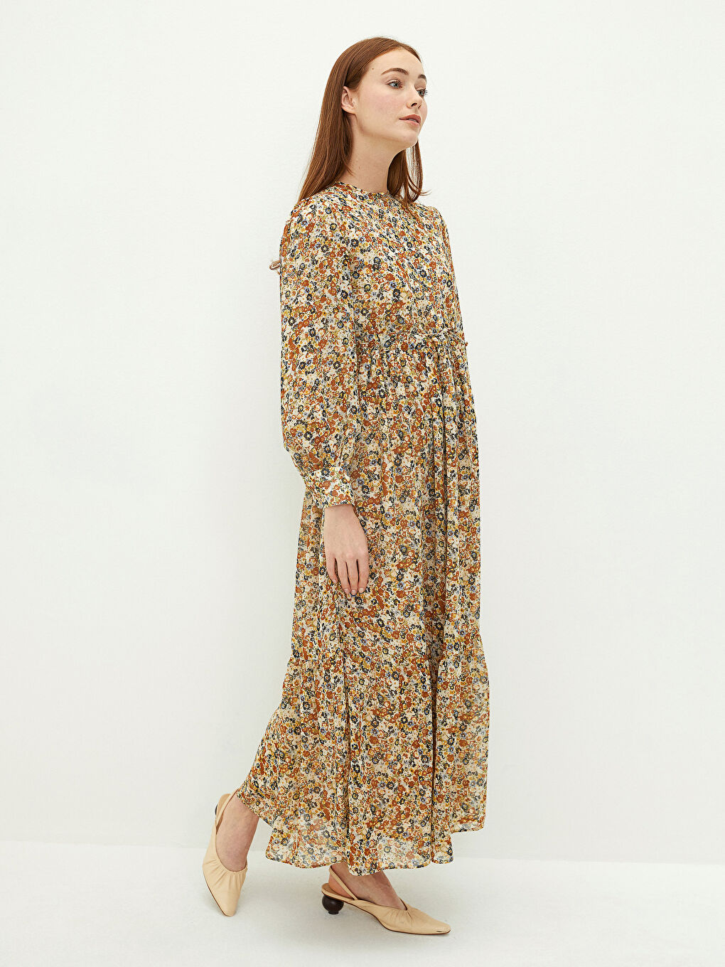 Kahverengi Bisiklet Yaka Çiçekli Uzun Kollu Kadın Elbise-2