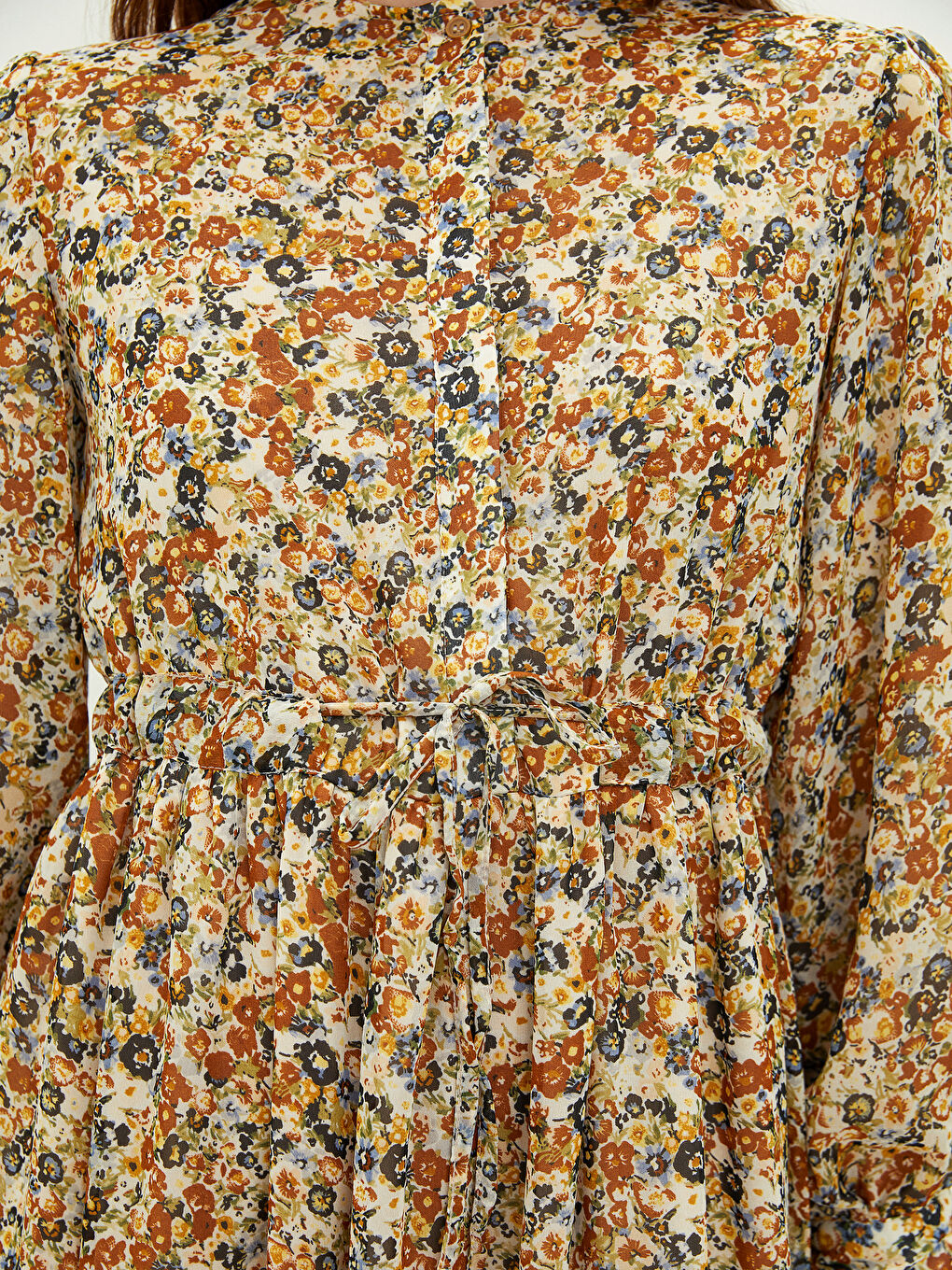 Kahverengi Bisiklet Yaka Çiçekli Uzun Kollu Kadın Elbise-3