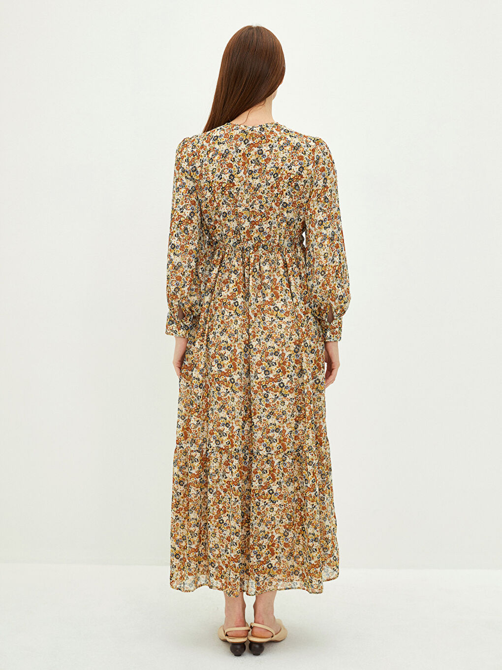 Kahverengi Bisiklet Yaka Çiçekli Uzun Kollu Kadın Elbise-4