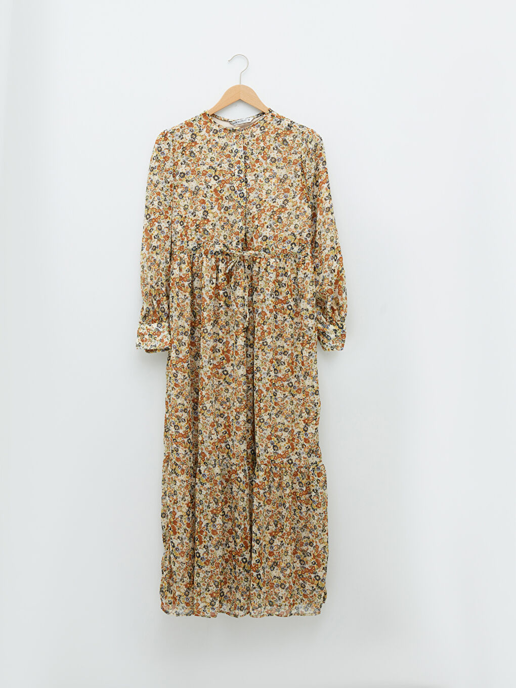 Kahverengi Bisiklet Yaka Çiçekli Uzun Kollu Kadın Elbise-5