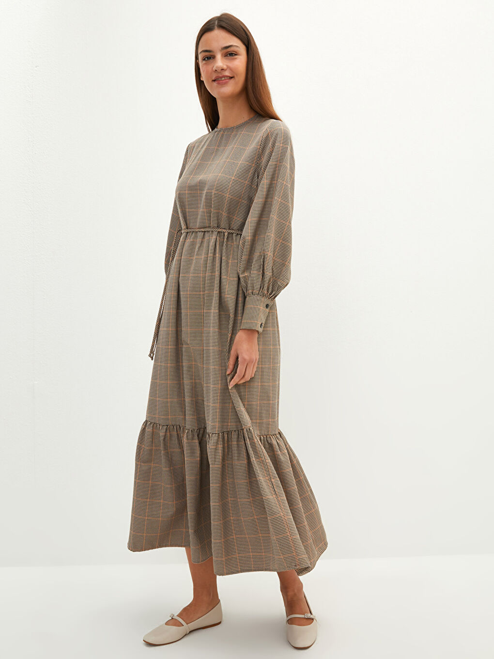 Crew Neck Plaid Waist Tie Detailed Long Sleeve Women's Dress
