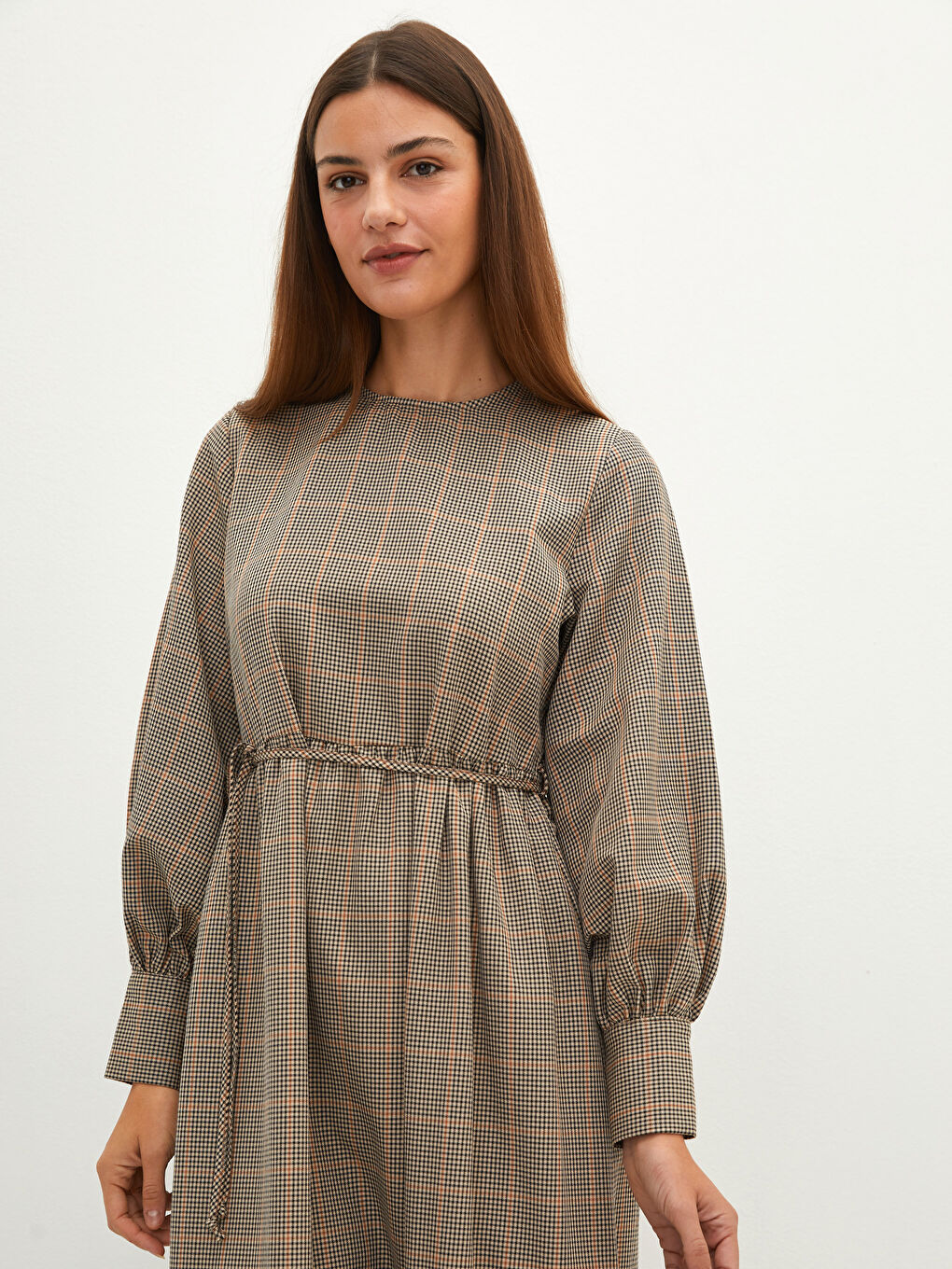Crew Neck Plaid Waist Tie Detailed Long Sleeve Women's Dress-1