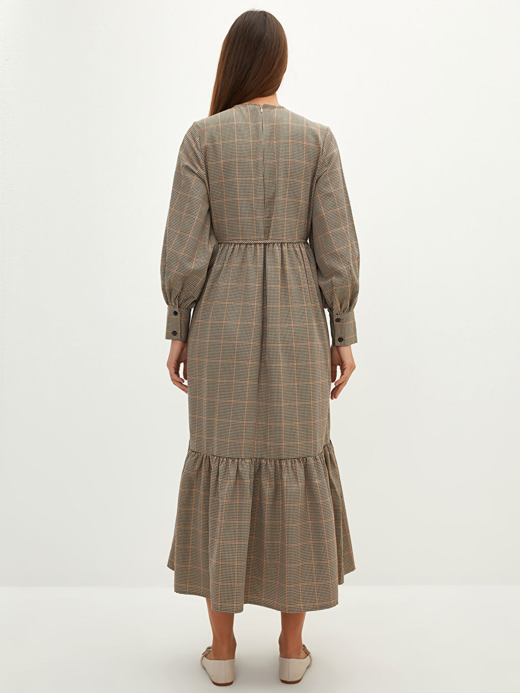 Crew Neck Plaid Waist Tie Detailed Long Sleeve Women's Dress-2