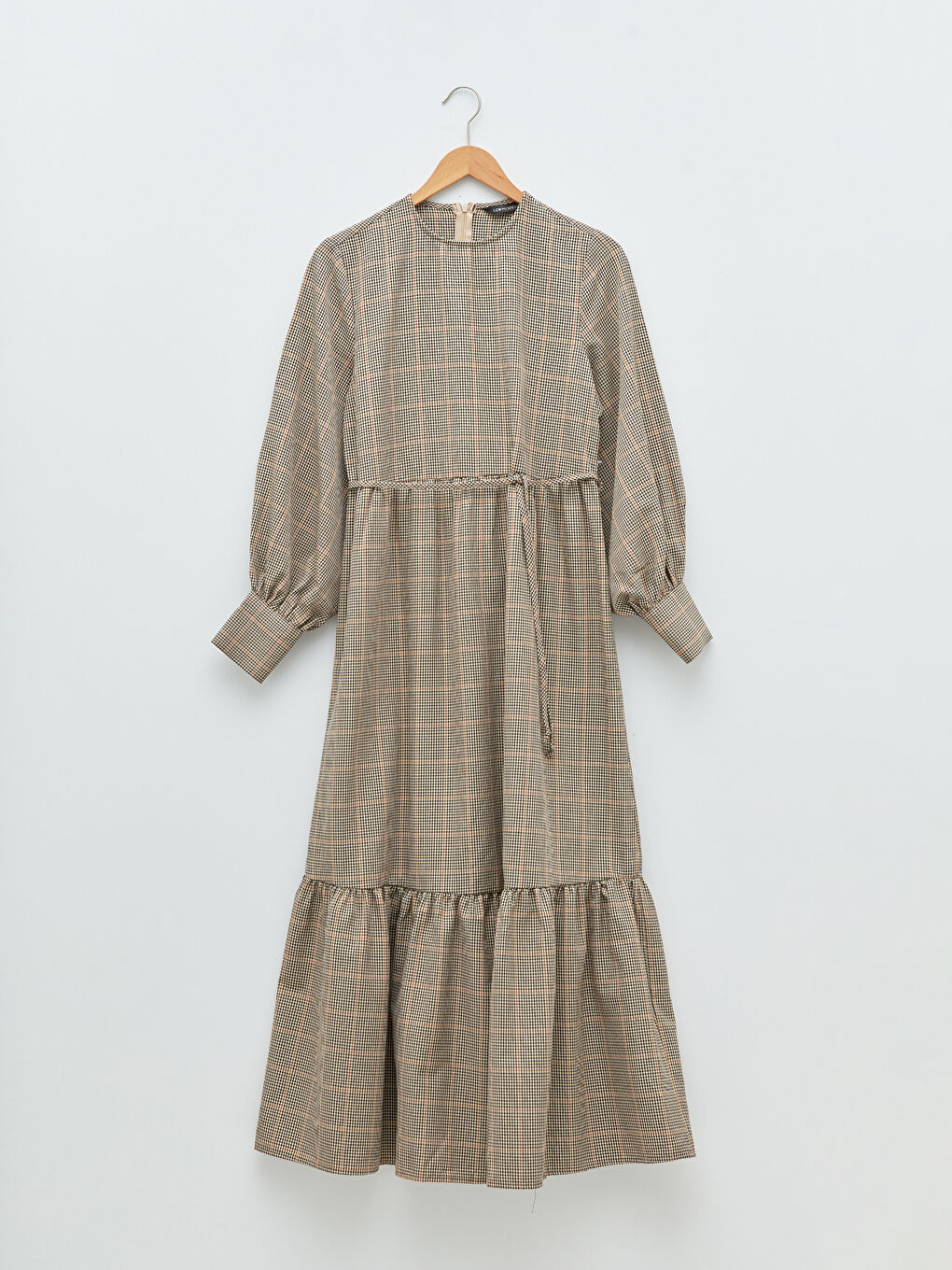 Crew Neck Plaid Waist Tie Detailed Long Sleeve Women's Dress-3