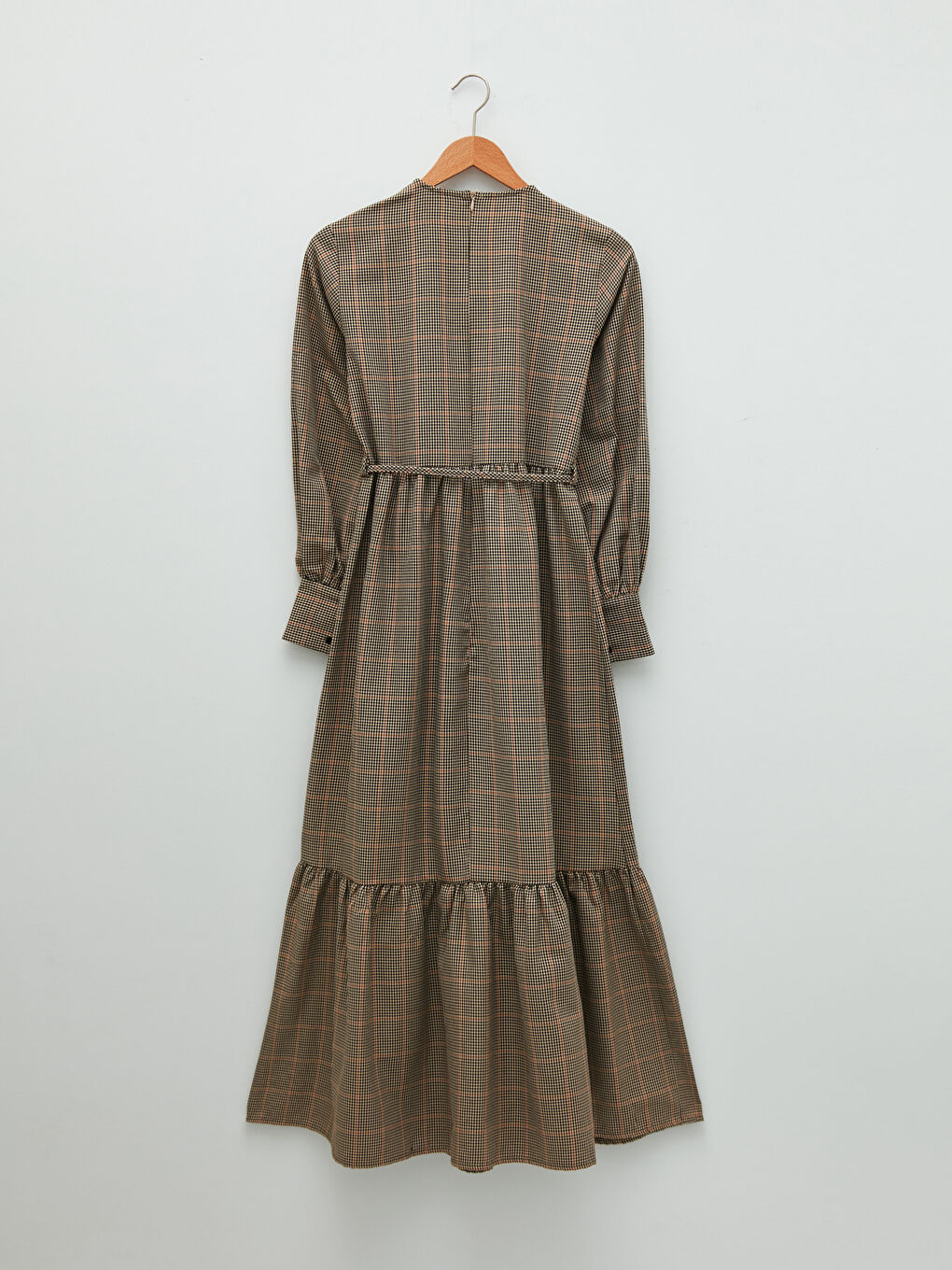 Kahverengi Bisiklet Yaka Ekose Beli Bağlama Detaylı Uzun Kollu Kadın Elbise-5