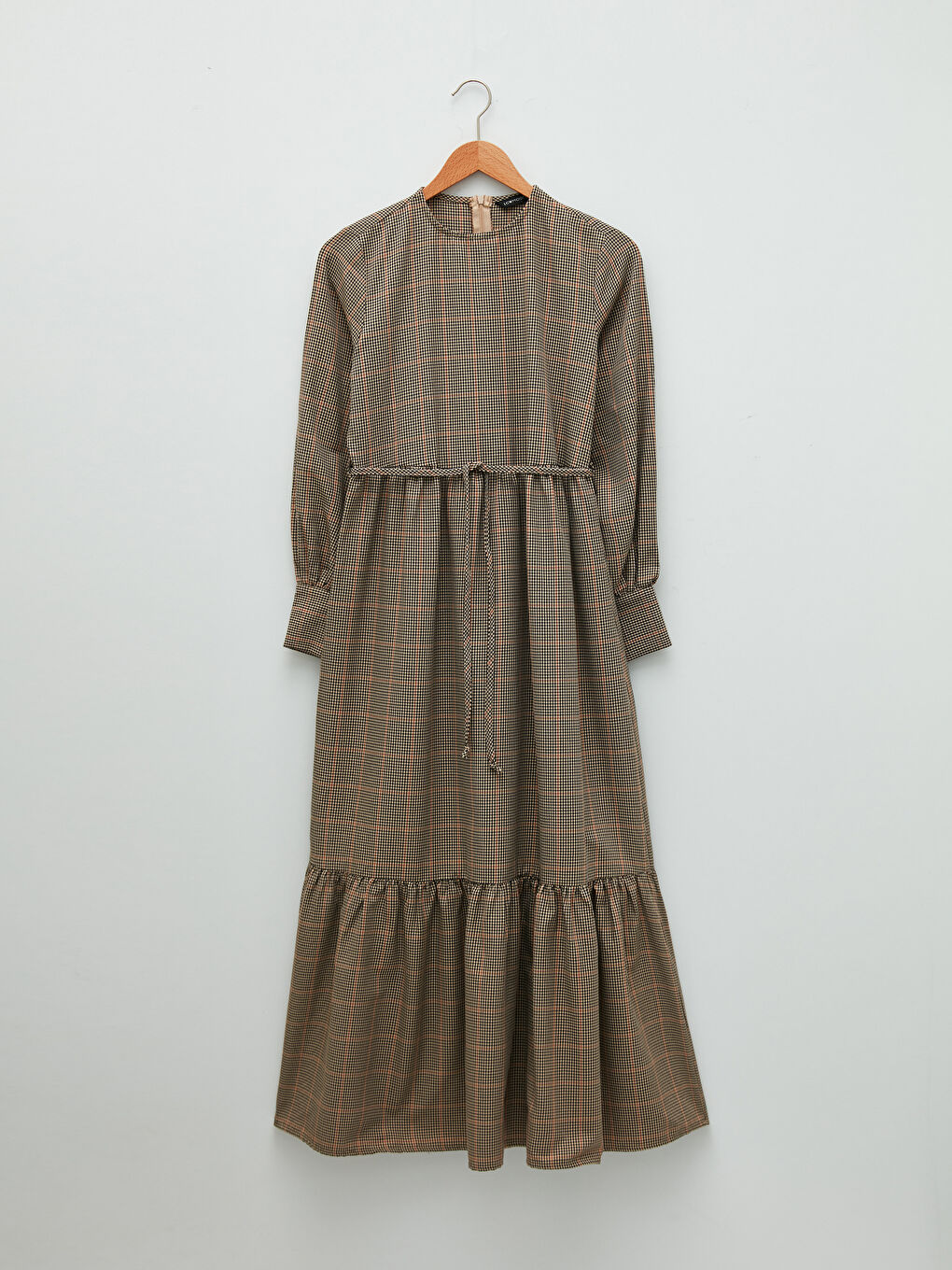 Kahverengi Bisiklet Yaka Ekose Beli Bağlama Detaylı Uzun Kollu Kadın Elbise-6