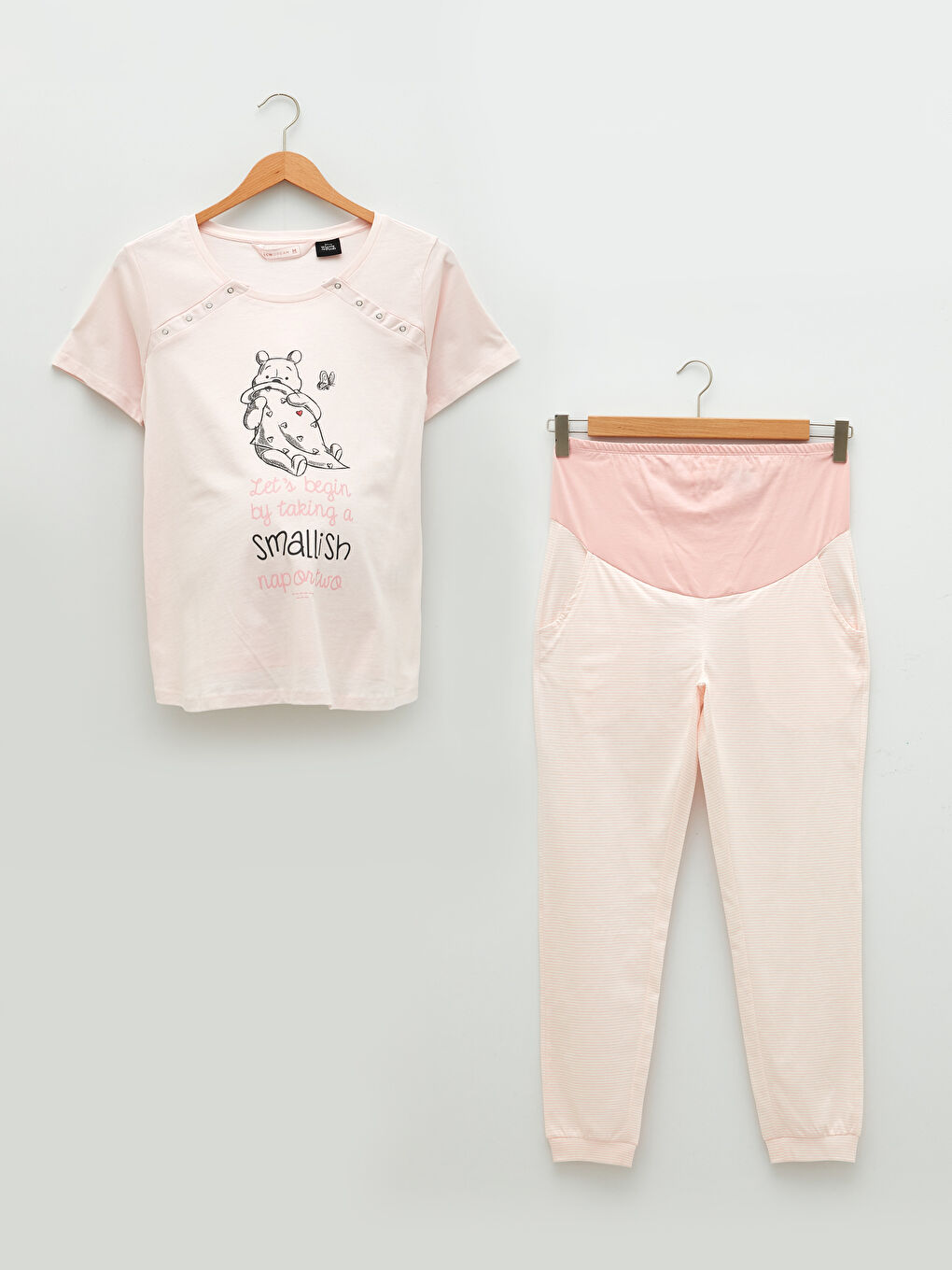 LCW DREAM Açık Pembe Çizgili Bisiklet Yaka Winnie the Pooh Baskılı Kısa Kollu Pamuklu Hamile Pijama Takımı - 4