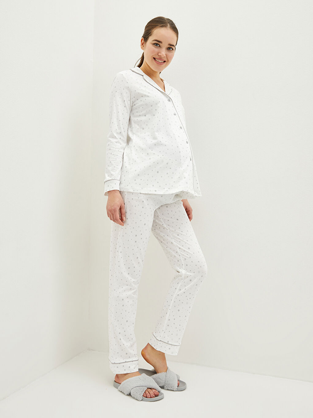 Ekru Gömlek Yaka Desenli Uzun Kollu Pamuklu Hamile Pijama Takımı