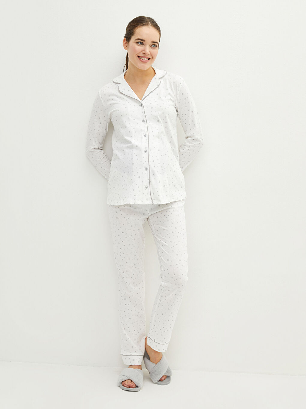 Ekru Gömlek Yaka Desenli Uzun Kollu Pamuklu Hamile Pijama Takımı-1
