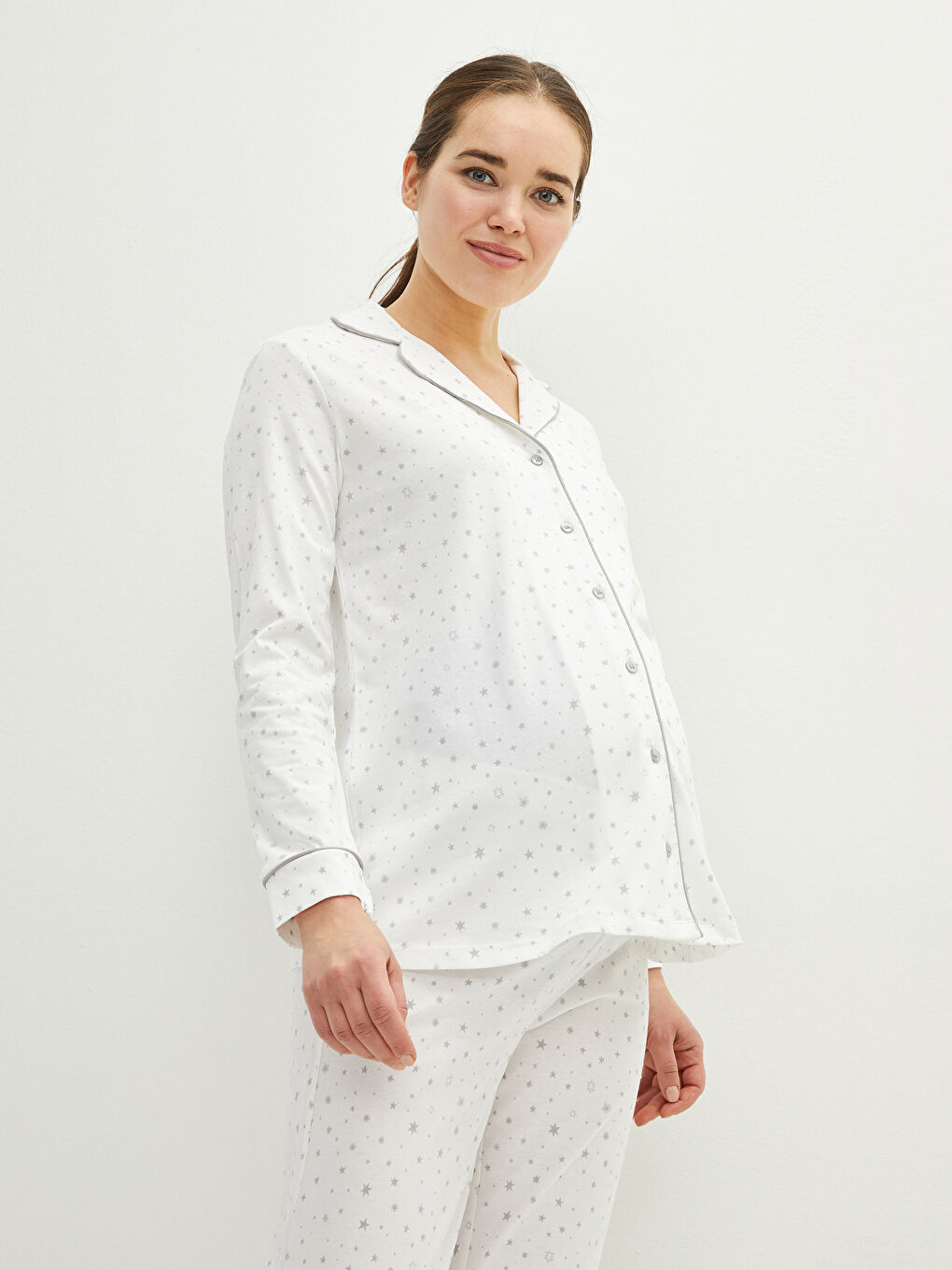 Ekru Gömlek Yaka Desenli Uzun Kollu Pamuklu Hamile Pijama Takımı-2