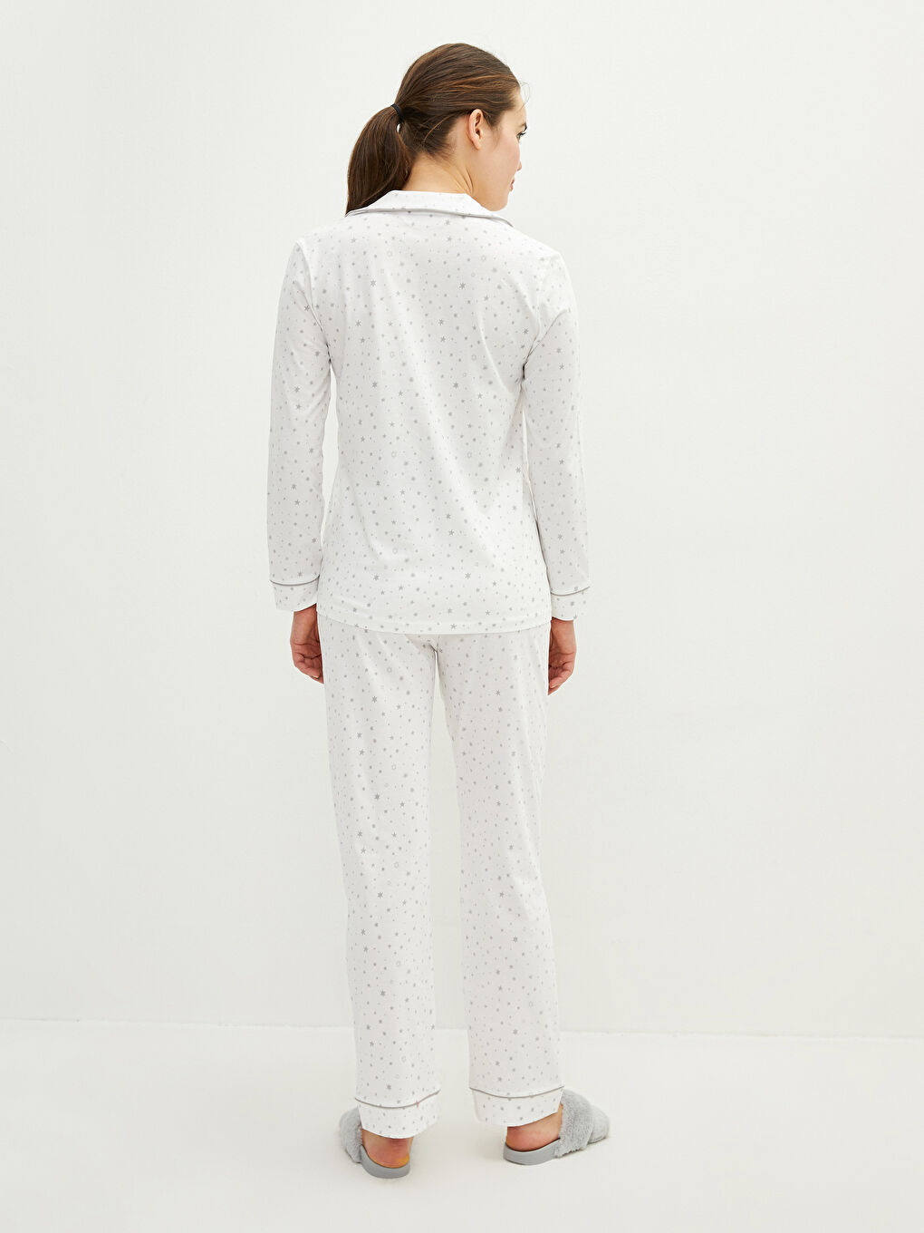 Ekru Gömlek Yaka Desenli Uzun Kollu Pamuklu Hamile Pijama Takımı-3