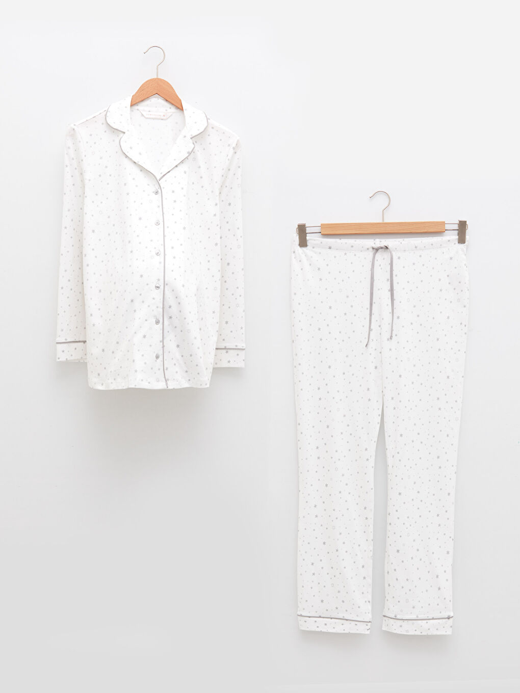 Ekru Gömlek Yaka Desenli Uzun Kollu Pamuklu Hamile Pijama Takımı-4