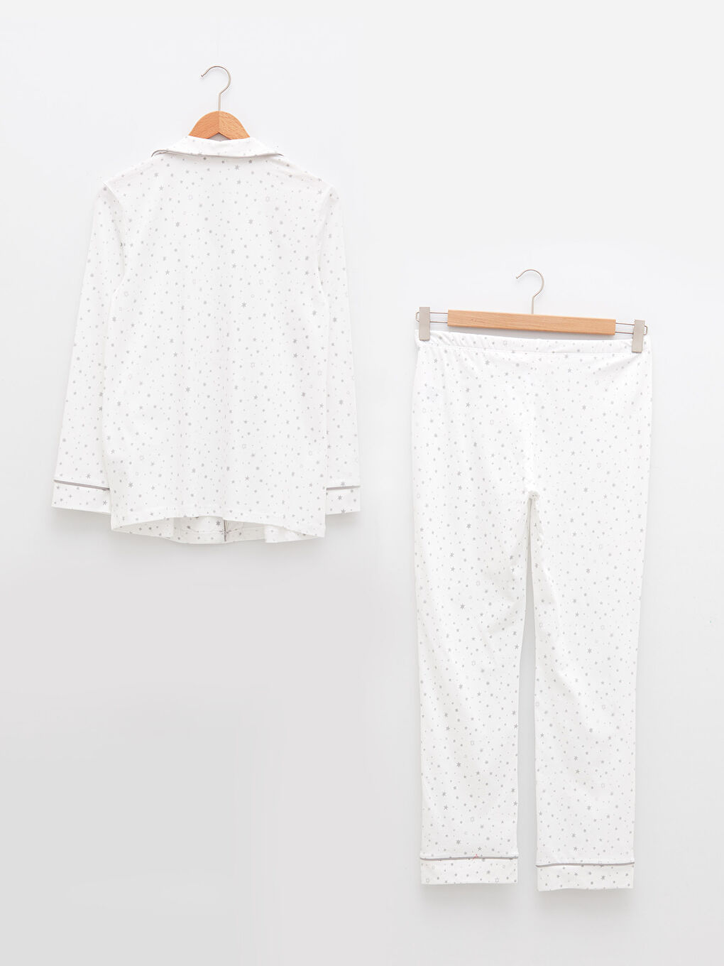 Ekru Gömlek Yaka Desenli Uzun Kollu Pamuklu Hamile Pijama Takımı-5