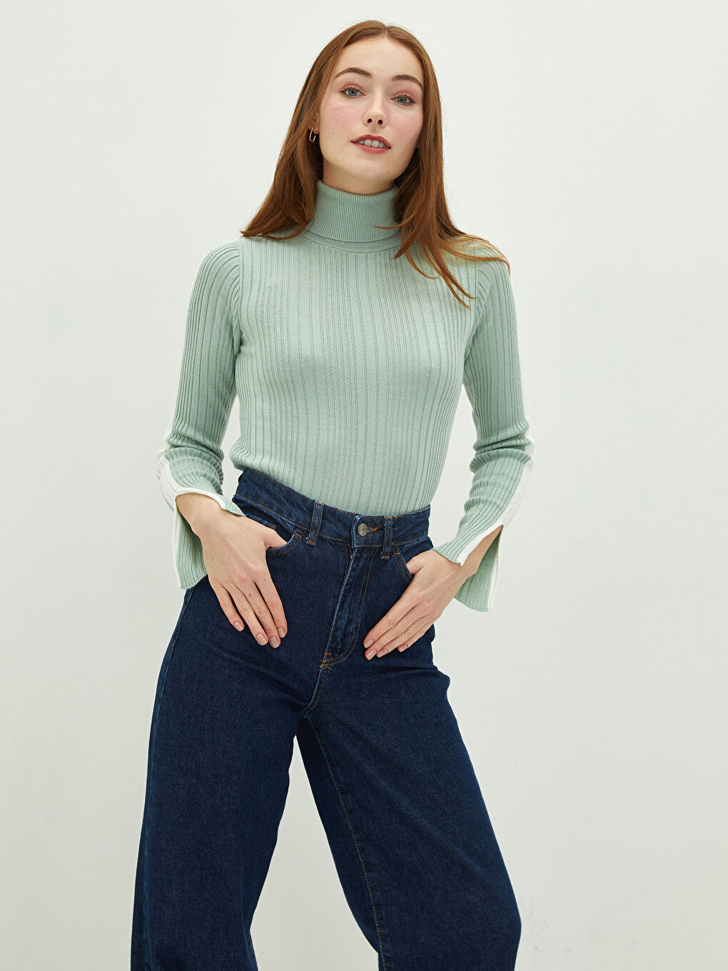 Yeşil Balıkçı Yaka Şerit Detaylı Uzun Kollu Kadın Triko Kazak