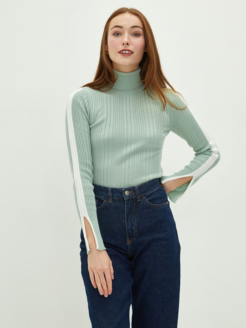Yeşil Balıkçı Yaka Şerit Detaylı Uzun Kollu Kadın Triko Kazak-1