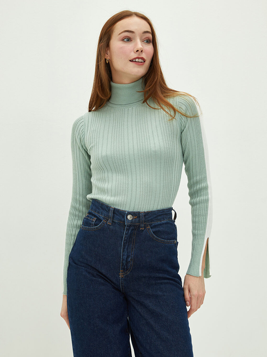 Yeşil Balıkçı Yaka Şerit Detaylı Uzun Kollu Kadın Triko Kazak-2