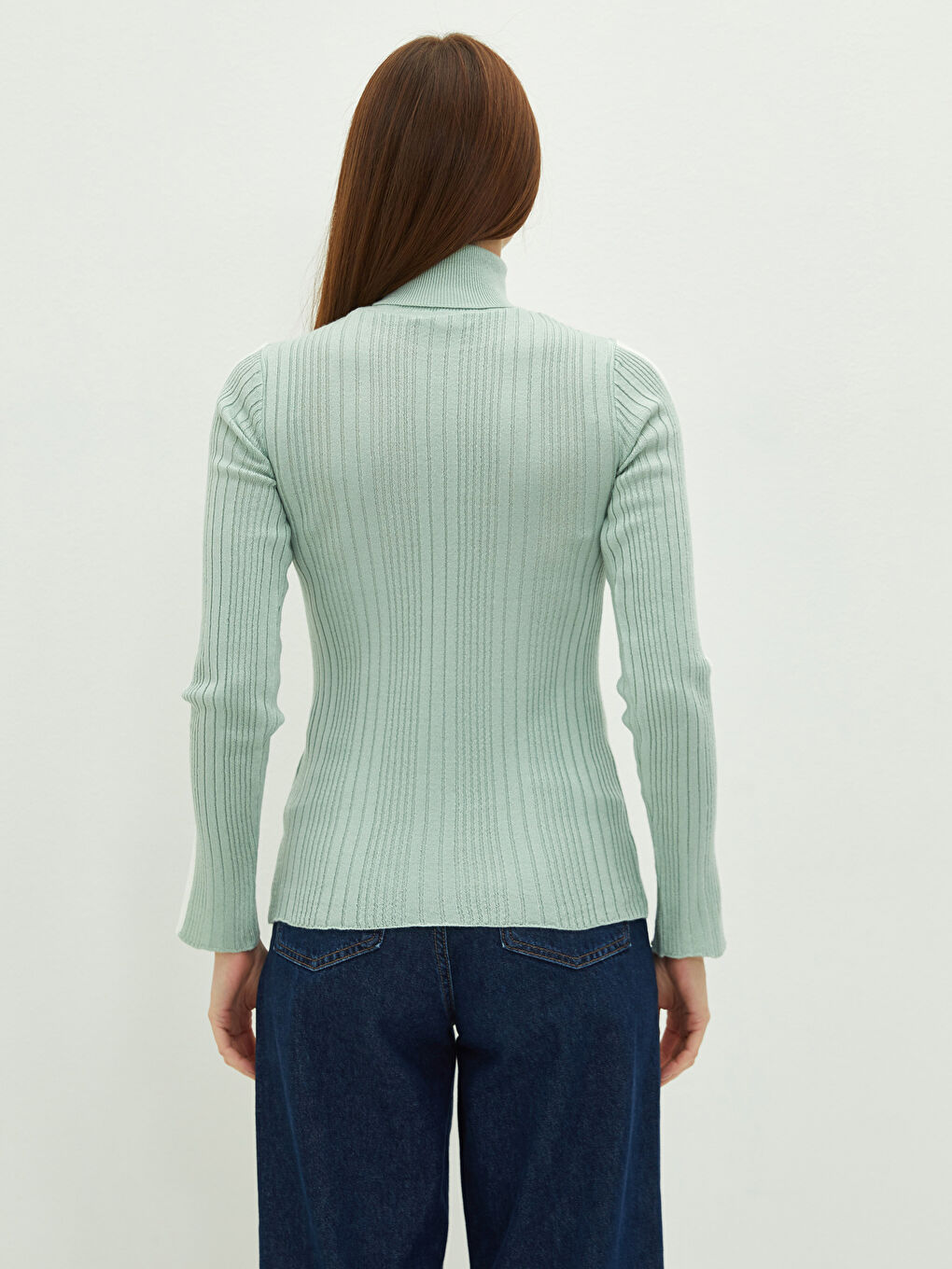 Yeşil Balıkçı Yaka Şerit Detaylı Uzun Kollu Kadın Triko Kazak-5