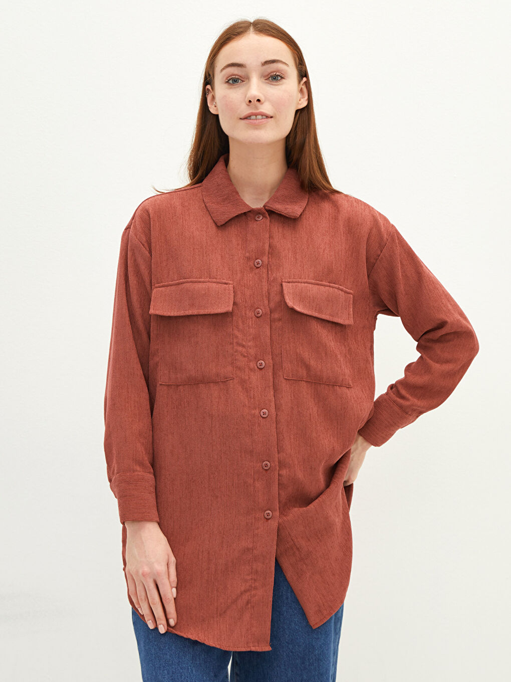 LCW Modest Schlichte Langarm Oversize Samt Damen Hemd-Tunika -W1H036Z8-RYH