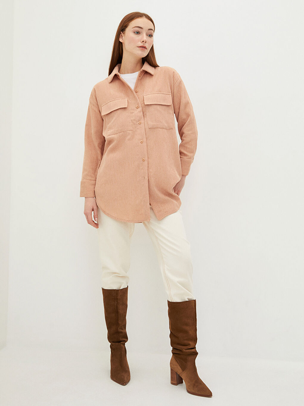 LCW Modest Plain Long Sleeve Oversize Velvet Women's Shirt Tunic -W1H036Z8-T3A
