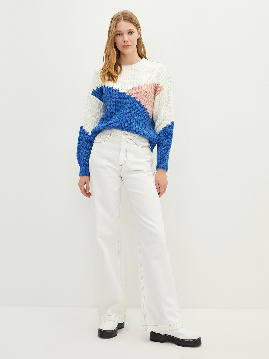 Bej Bisiklet Yaka Renk Bloklu Uzun Kollu Kadın Triko Kazak-1