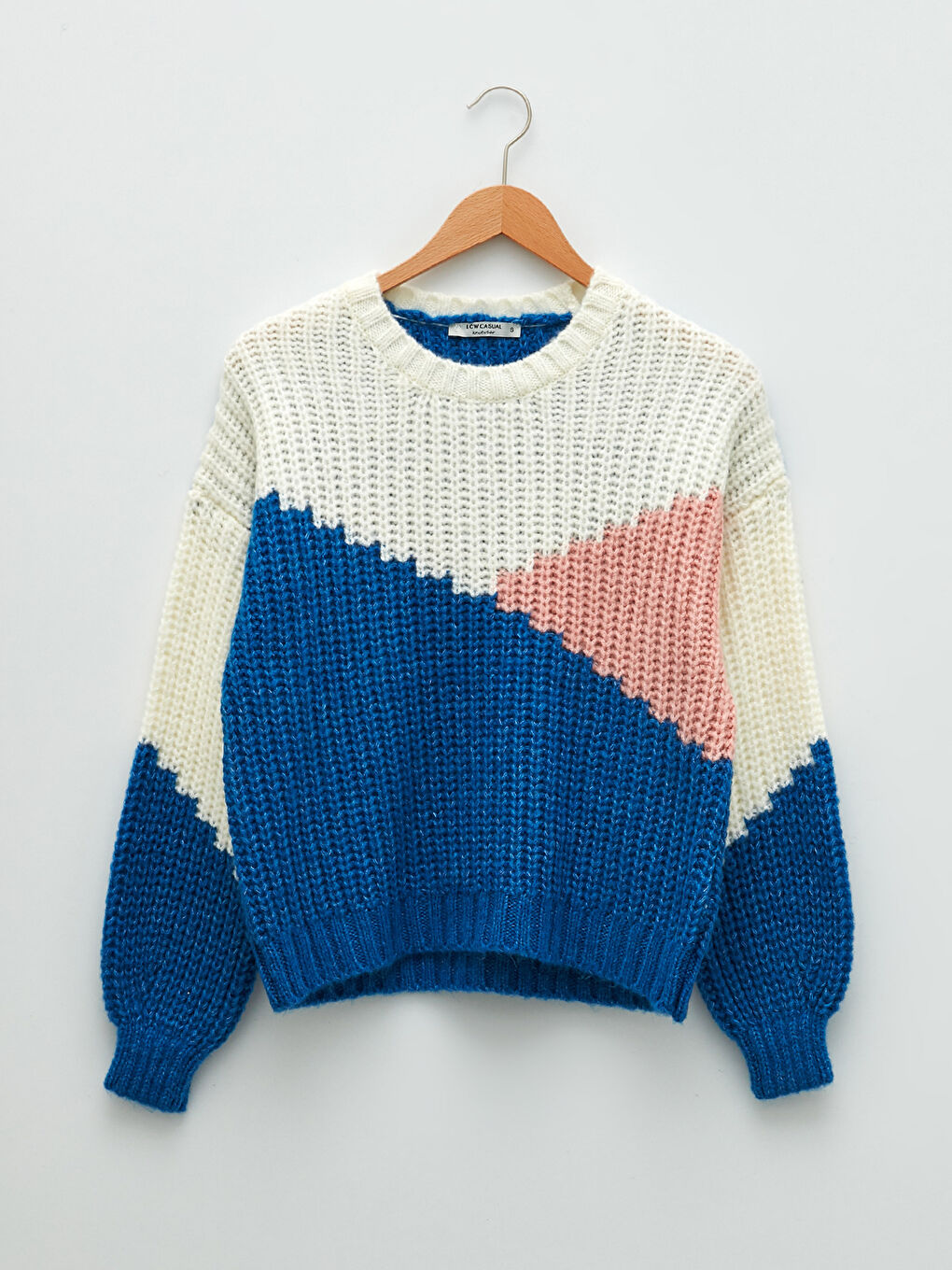 Bej Bisiklet Yaka Renk Bloklu Uzun Kollu Kadın Triko Kazak-4