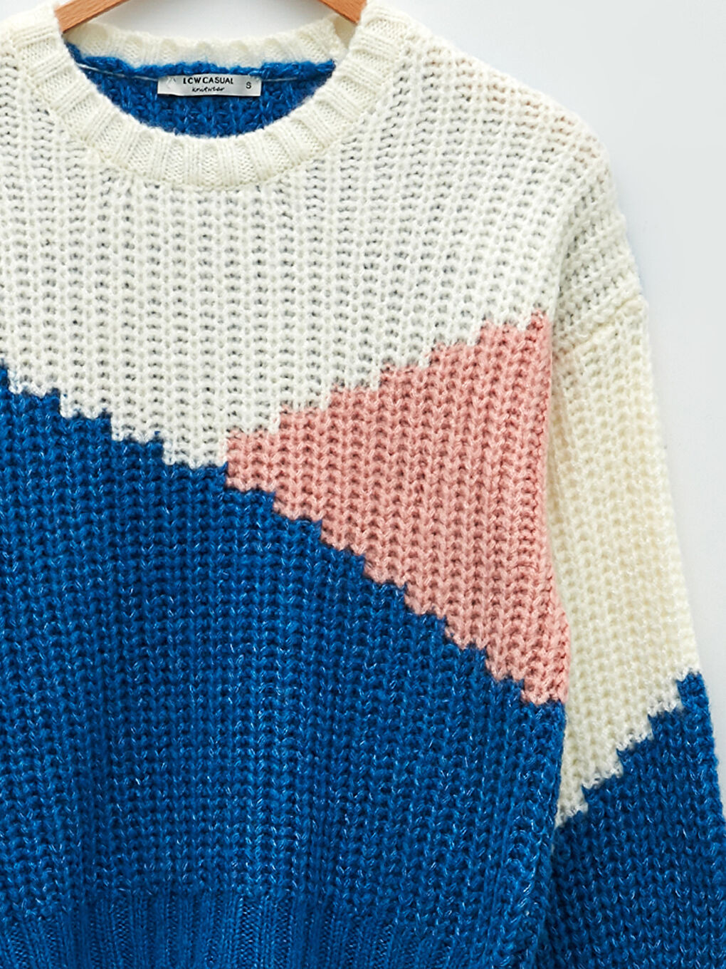 Bej Bisiklet Yaka Renk Bloklu Uzun Kollu Kadın Triko Kazak-6