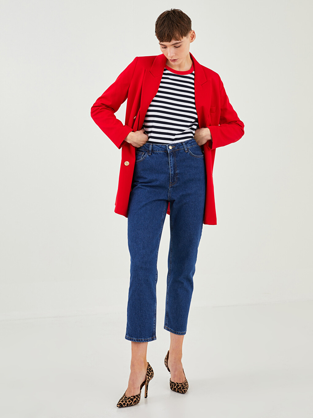 İndigo Yüksek Bel Mom Fit Kadın Jean Pantolon