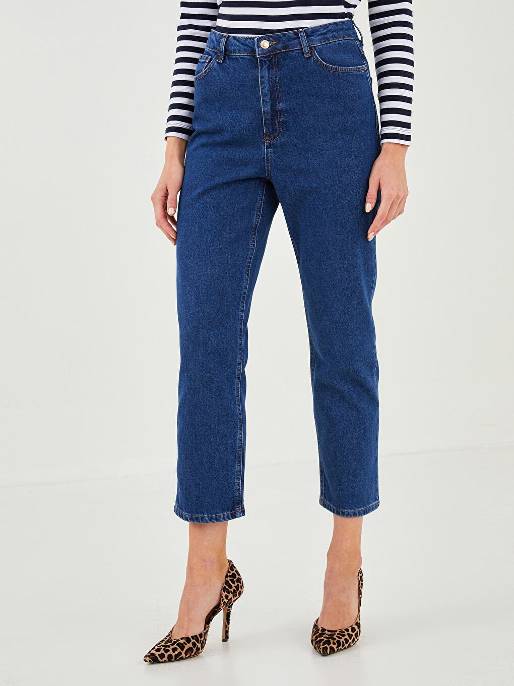 İndigo Yüksek Bel Mom Fit Kadın Jean Pantolon-2
