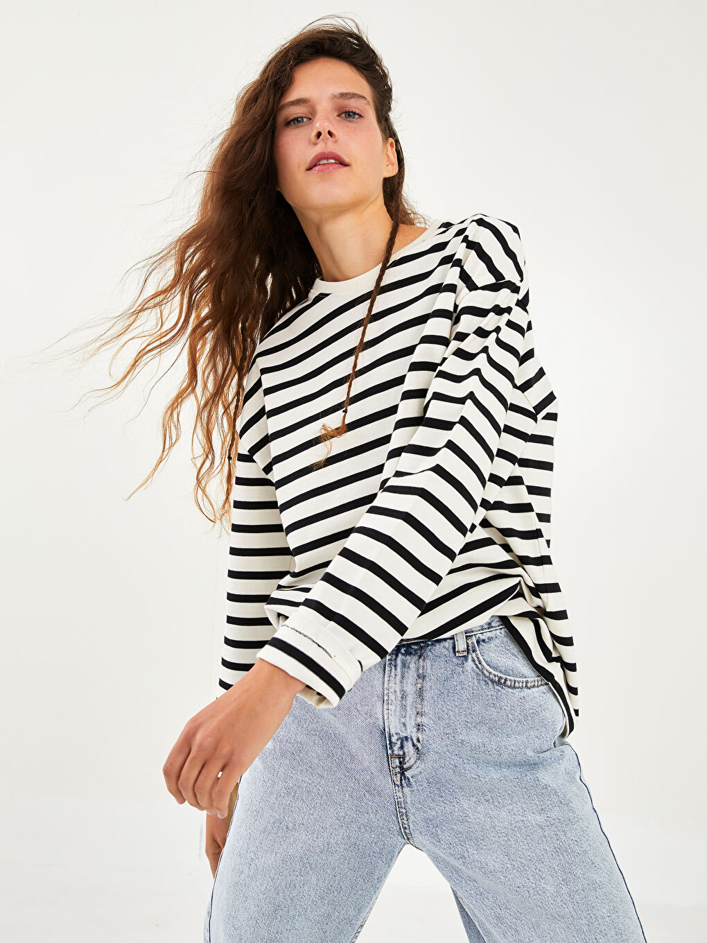 Crew Neck Striped Long Sleeve Cotton Women's Sweatshirt