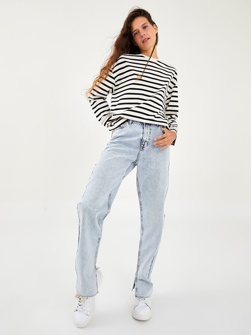 Crew Neck Striped Long Sleeve Cotton Women's Sweatshirt-2