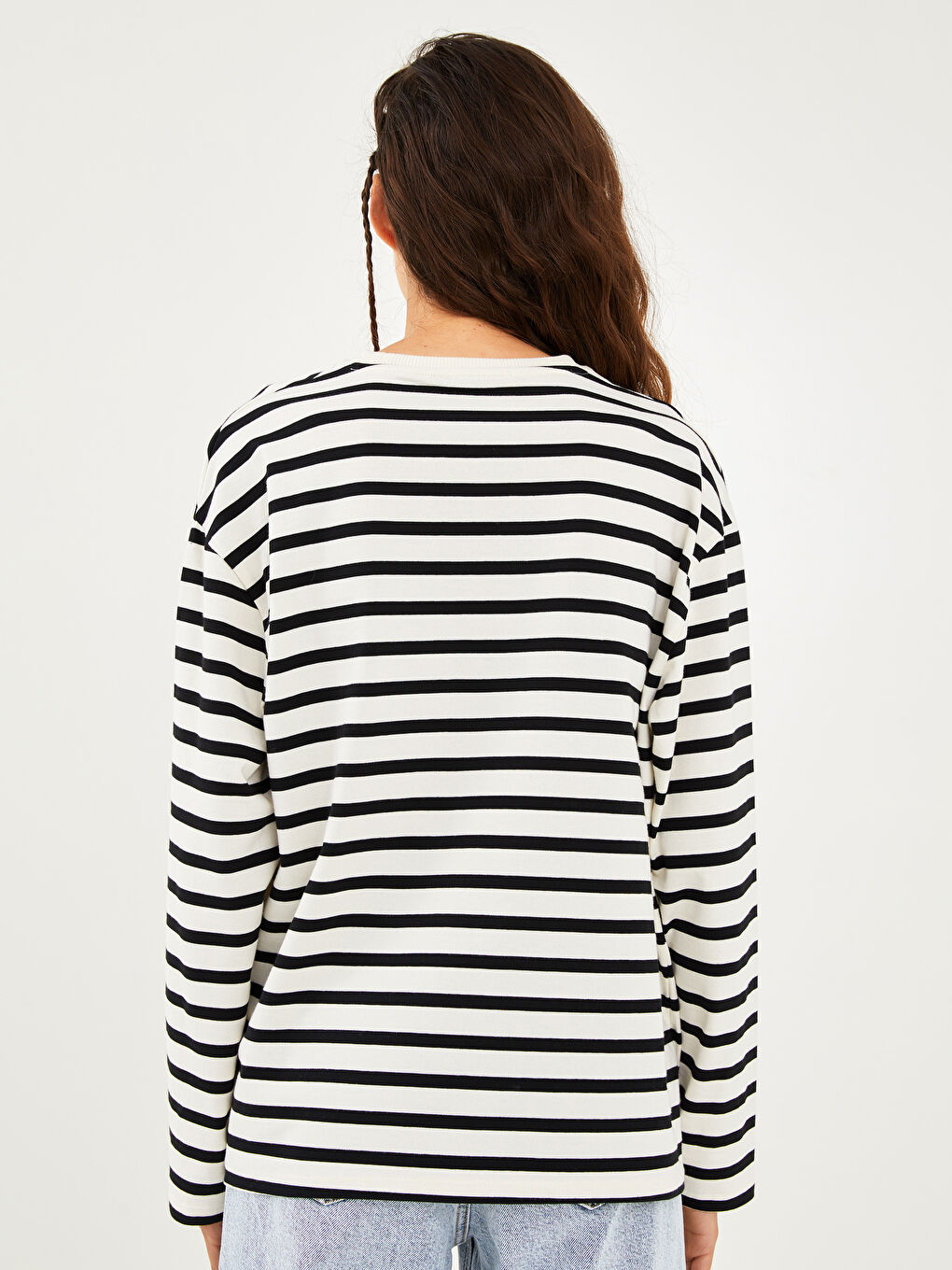 Crew Neck Striped Long Sleeve Cotton Women's Sweatshirt-4