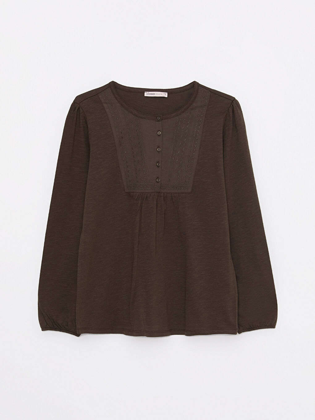 Crew Neck Embroidered Long Sleeve Cotton Women's Blouse-5