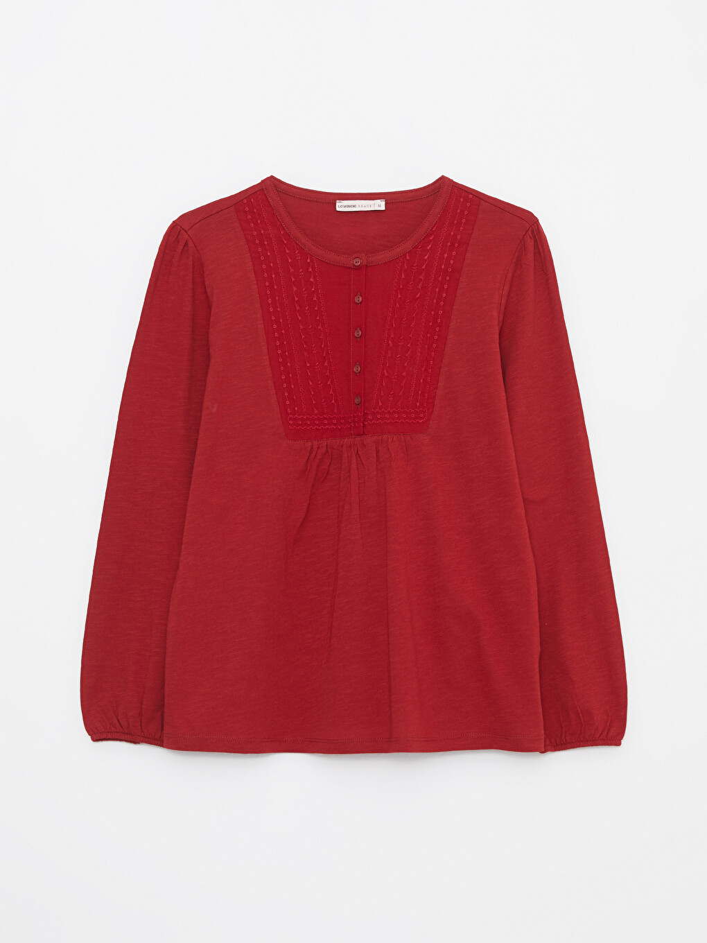 Crew Neck Embroidered Long Sleeve Cotton Women's Blouse-5