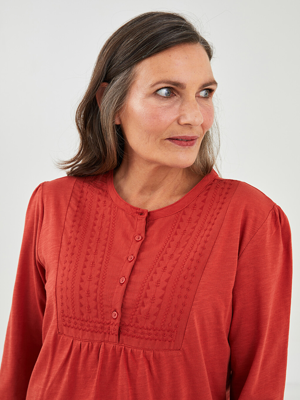 Crew Neck Embroidered Long Sleeve Cotton Women's Blouse