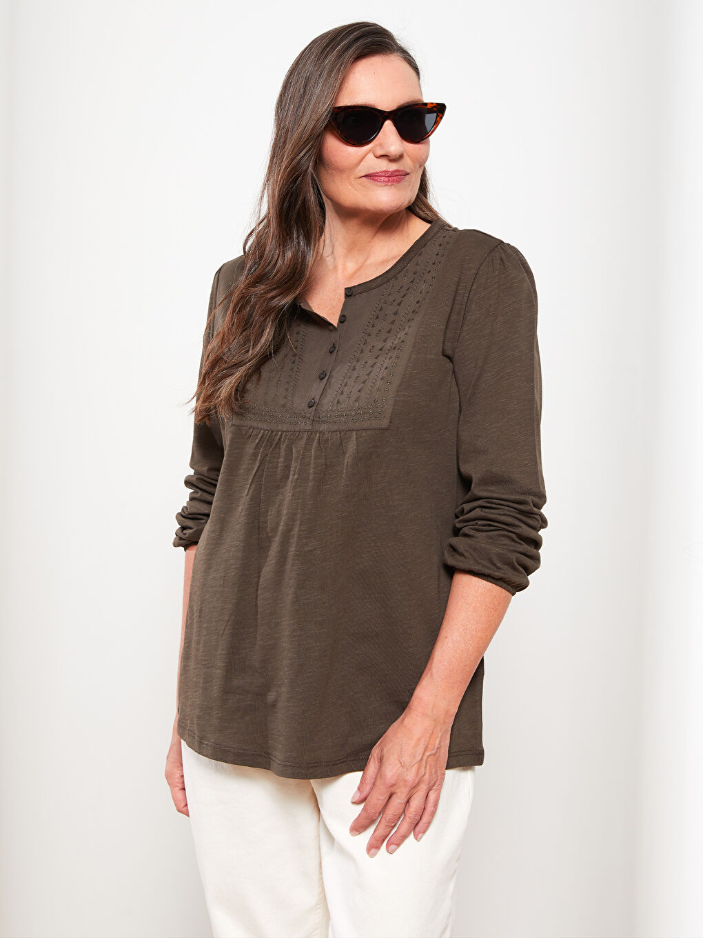 Crew Neck Embroidered Long Sleeve Cotton Women's Blouse-1