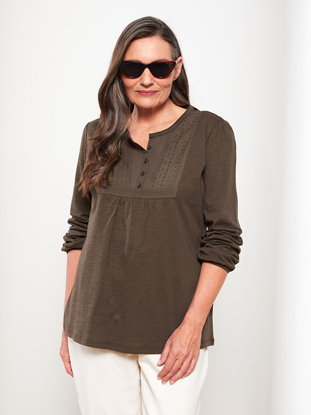 Crew Neck Embroidered Long Sleeve Cotton Women's Blouse-2