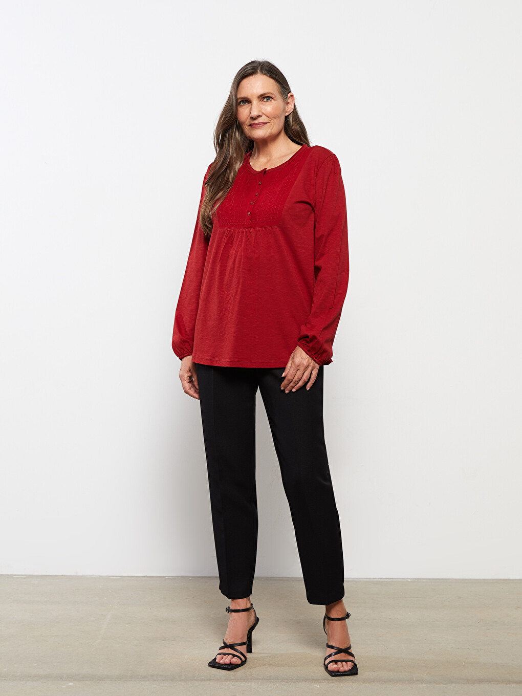 Crew Neck Embroidered Long Sleeve Cotton Women's Blouse