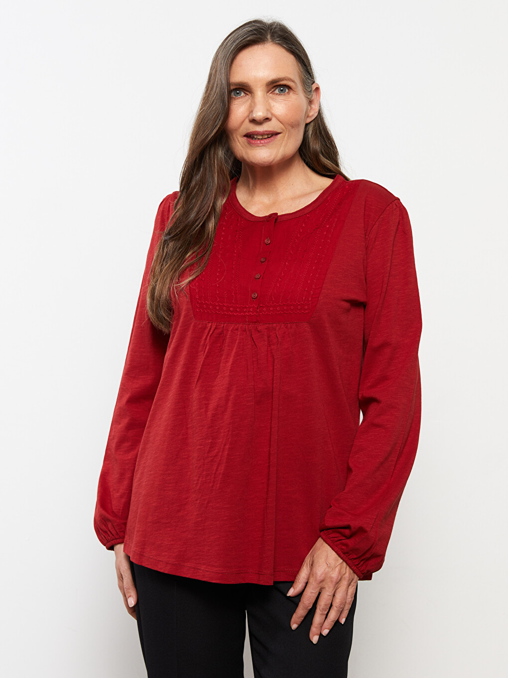 Crew Neck Embroidered Long Sleeve Cotton Women's Blouse-1