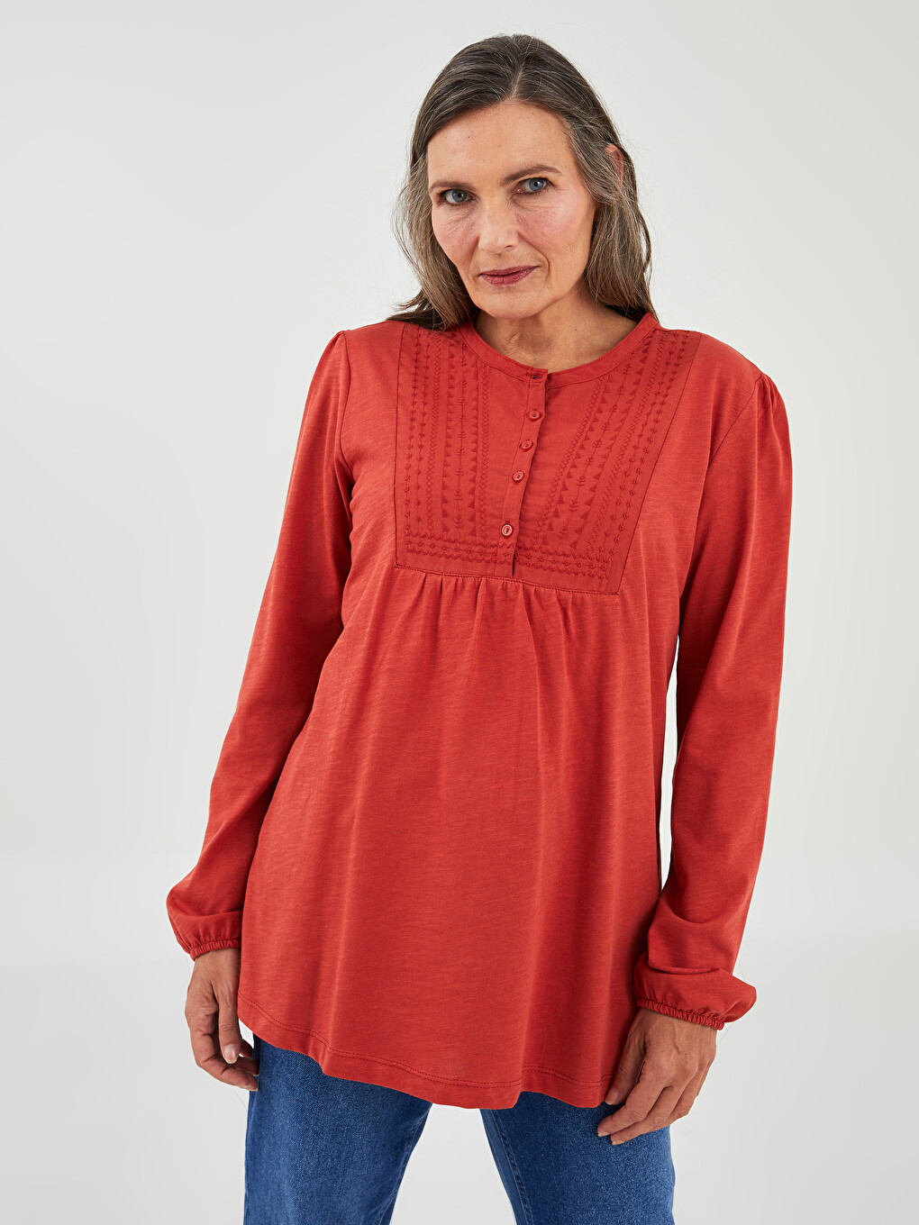 Crew Neck Embroidered Long Sleeve Cotton Women's Blouse-1
