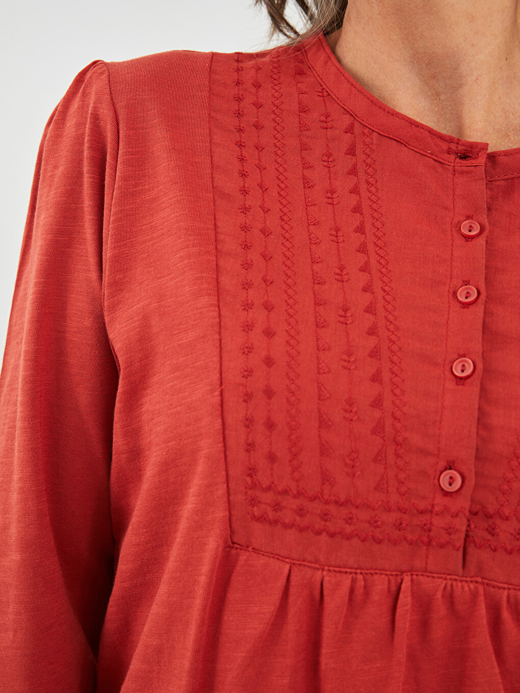 Crew Neck Embroidered Long Sleeve Cotton Women's Blouse-2
