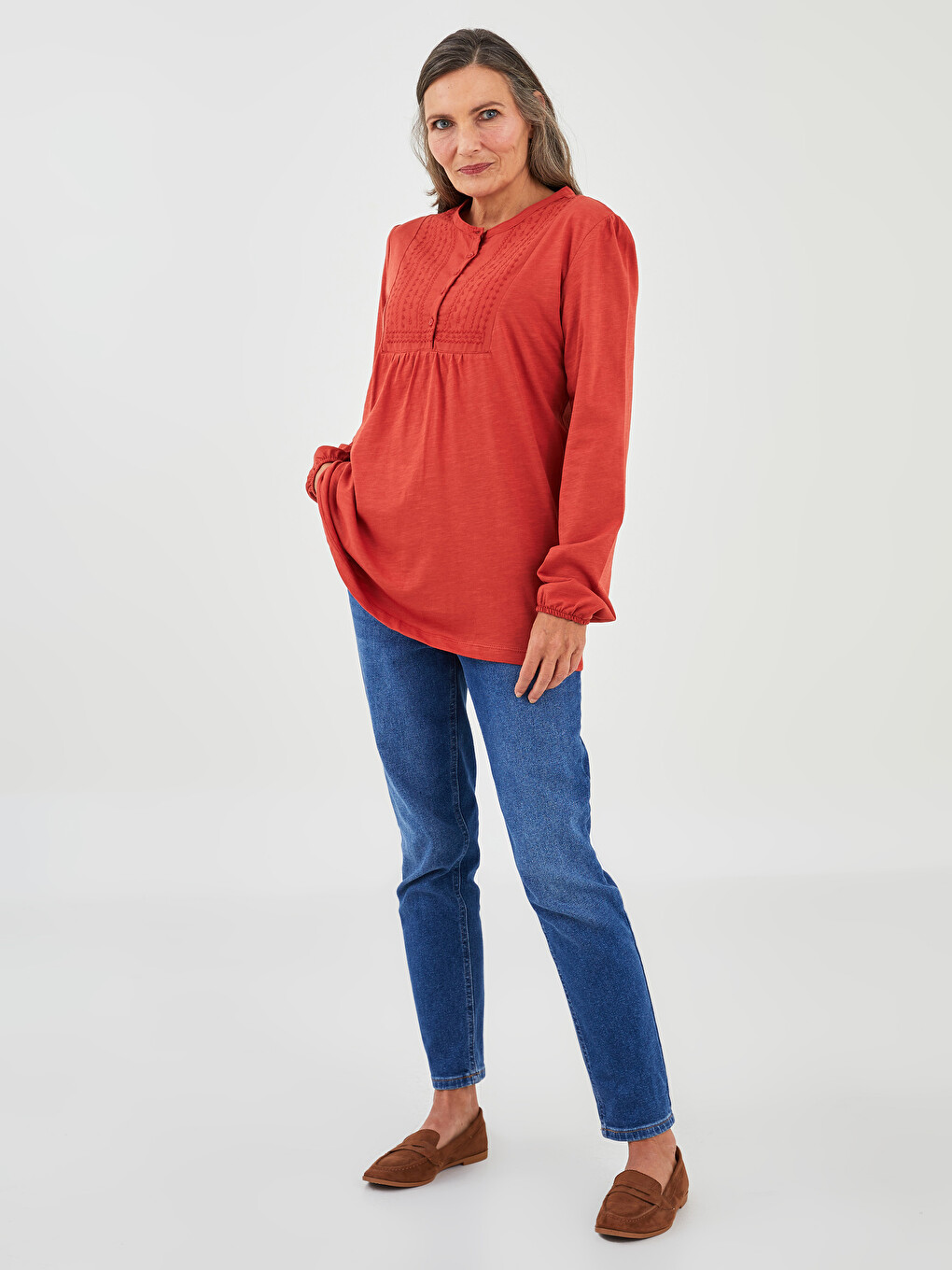 Crew Neck Embroidered Long Sleeve Cotton Women's Blouse-3