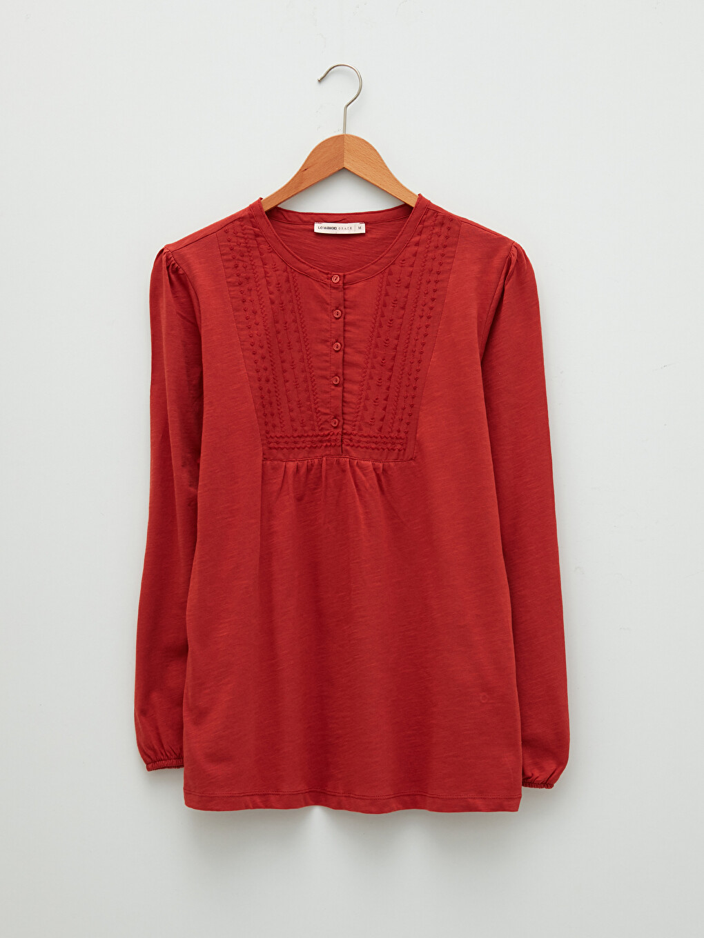 Crew Neck Embroidered Long Sleeve Cotton Women's Blouse-5