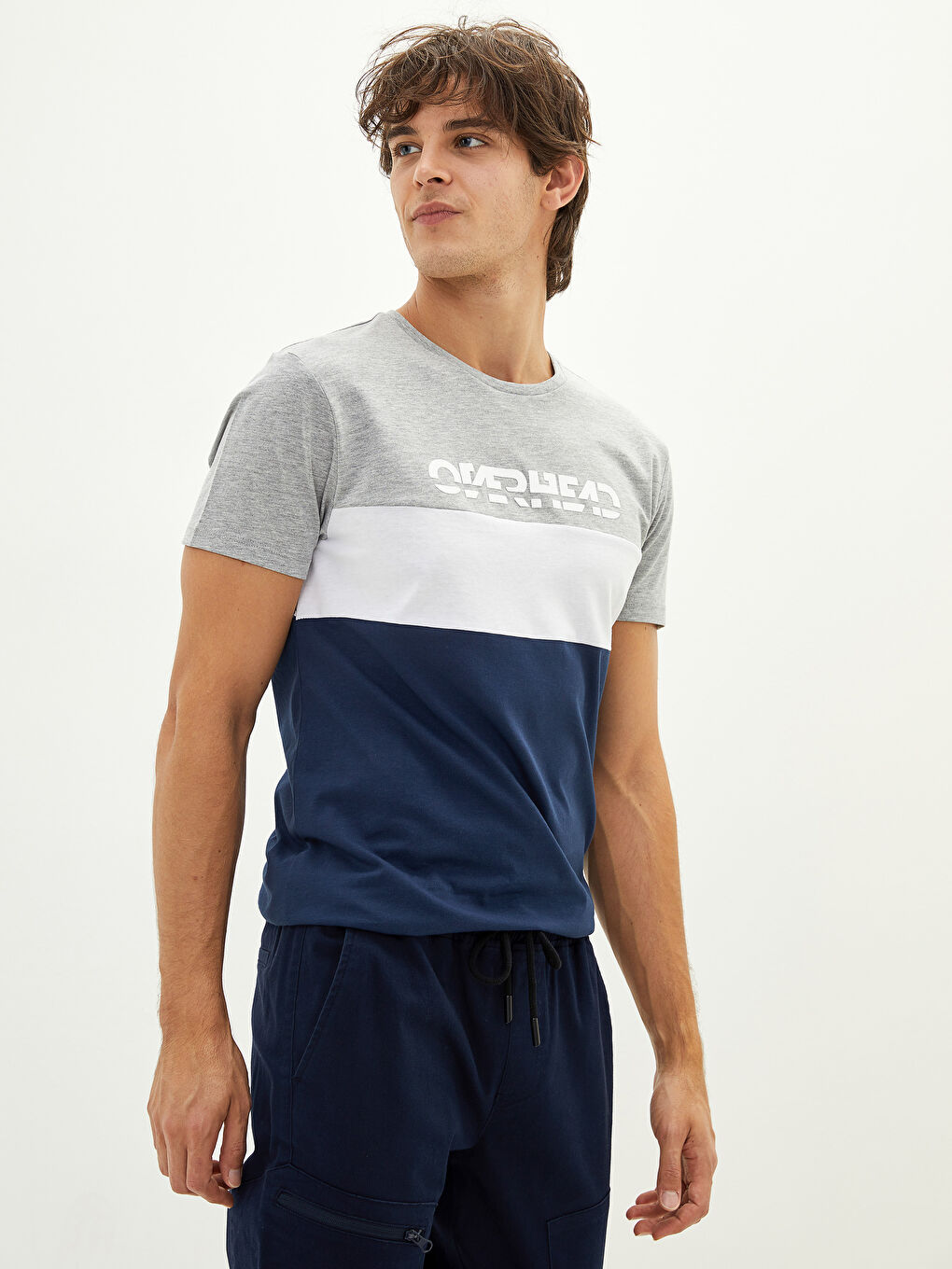 Lacivert Bisiklet Yaka Kısa Kollu Baskılı Penye Erkek Tişört-1